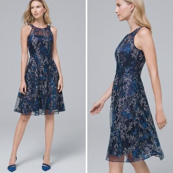 White House Black Market Dresses & Skirts - New! White House Black Market blue embroidered fit and flare dress, size 6‎